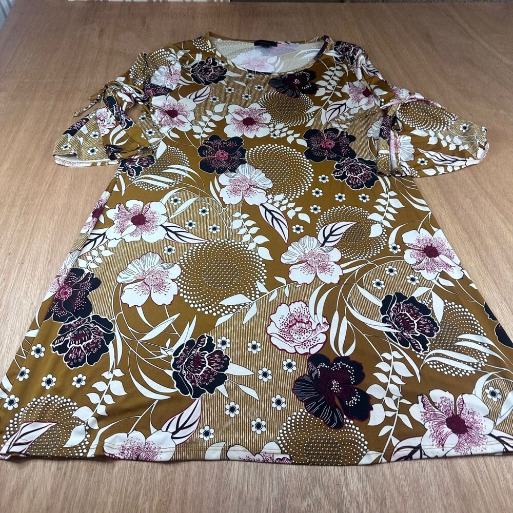 Espresso M Brown Floral A-Line Dress Multicolor Print Tie Sleeve Stretch